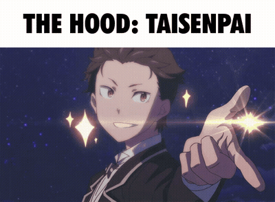 A Picture Of A Man Pointing With The Words " The Hood Taisenpai " Below Him GIF