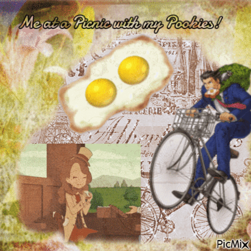 A Picture Of A Man Riding A Bike With The Words " Me At A Picnic With My Pookies " GIF