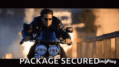 A Picture Of A Man Riding A Motorcycle With The Words Package Secured Below Him GIF