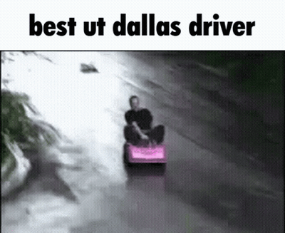 A Picture Of A Man Riding A Pink Car With The Words Best Ut Dallas Driver Below It GIF