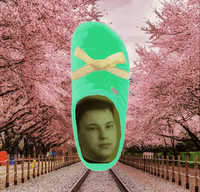 A Picture Of A Man 'S Face Inside Of A Green Croc GIF
