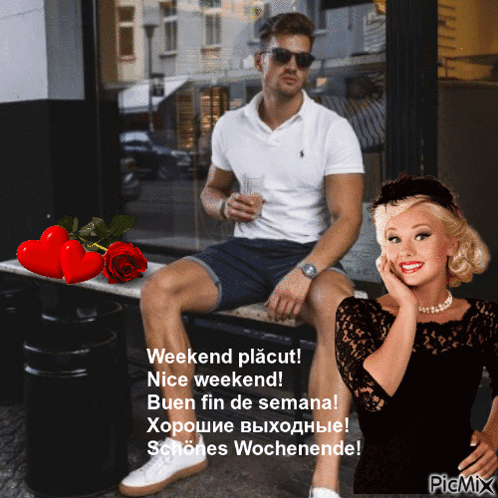 A Picture Of A Man Sitting On A Bench Next To A Woman With The Caption Weekend Placut Nice Weekend Buen Fin De Semana GIF