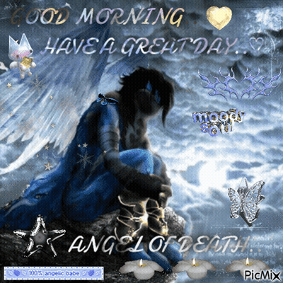 A Picture Of A Man Sitting On A Rock That Says Good Morning Have A Great Day Angel Of Death GIF