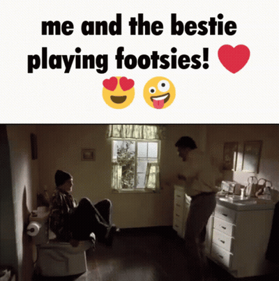 A Picture Of A Man Sitting On A Toilet With The Words Me And The Bestie Playing Footsies GIF