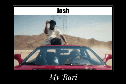 A Picture Of A Man Sitting On Top Of A Red Car With The Words Josh My Rari GIF
