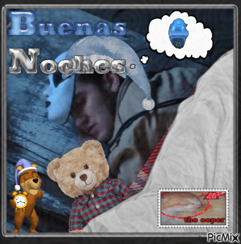A Picture Of A Man Sleeping With The Words " Buenas Noches " On It GIF