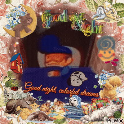 A Picture Of A Man Sleeping With The Words " Good Night Colorful Dreams " On It GIF