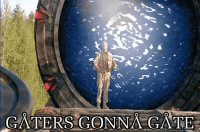 A Picture Of A Man Standing In Front Of A Gate That Says ' Gaters Gonna Gate ' GIF