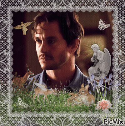 A Picture Of A Man Surrounded By Animals And Flowers Has The Word Picmix On The Bottom GIF