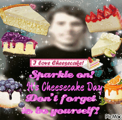 A Picture Of A Man Surrounded By Cheesecake And The Words " Sparkle On " GIF