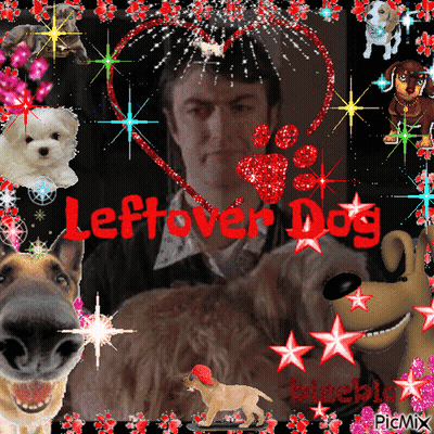A Picture Of A Man Surrounded By Dogs With The Words Leftover Dog On It GIF