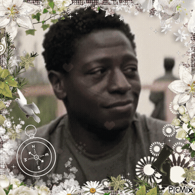 A Picture Of A Man Surrounded By Flowers And A Compass With The Letters N S And M On It GIF