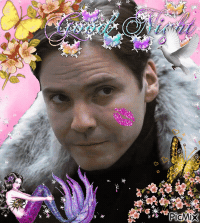 A Picture Of A Man Surrounded By Flowers And Butterflies With The Words Good Night Written Above Him GIF
