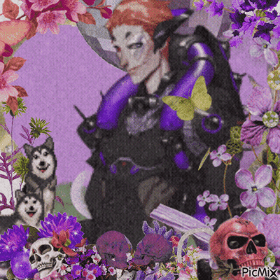 A Picture Of A Man Surrounded By Flowers And Skulls With Picmix Written On The Bottom Right GIF