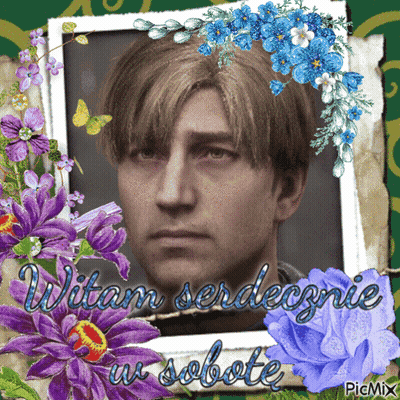 A Picture Of A Man Surrounded By Flowers And The Words Witam Serdecznie GIF