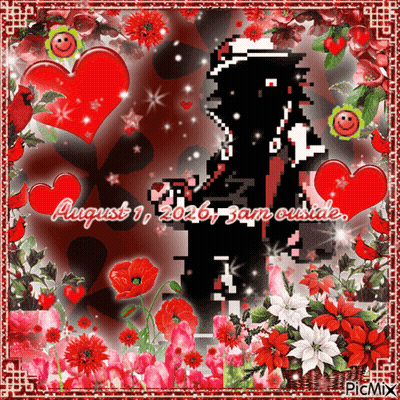 A Picture Of A Man Surrounded By Hearts And Flowers With The Date August 1 GIF