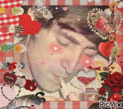 A Picture Of A Man Surrounded By Hearts And Flowers With The Word Picmix On The Bottom Right GIF