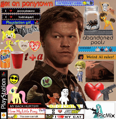 A Picture Of A Man Surrounded By Pictures Including One That Says Abandoned Pools On It GIF