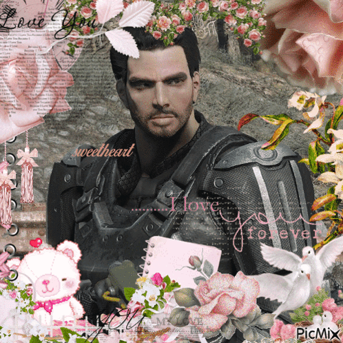A Picture Of A Man Surrounded By Pink Flowers With The Words " Love You Sweetheart " GIF