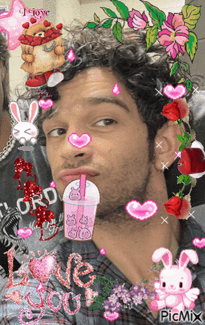 A Picture Of A Man Surrounded By Pink Hearts And Flowers With The Words Love You On The Bottom Right GIF