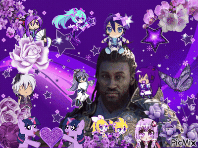A Picture Of A Man Surrounded By Purple Flowers And Ponies With The Words Picmix On The Bottom GIF