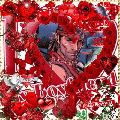 A Picture Of A Man Surrounded By Red Roses And Hearts With The Words I Love You GIF