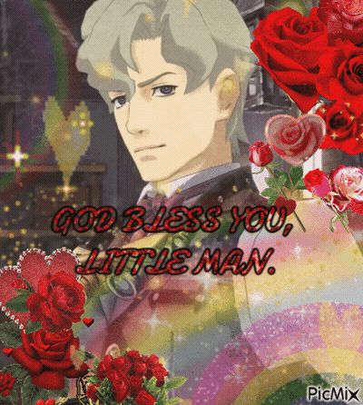 A Picture Of A Man Surrounded By Red Roses With The Words God Bless You Little Man GIF