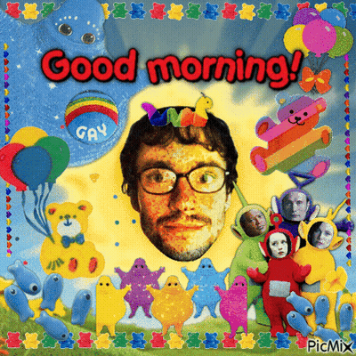 A Picture Of A Man Surrounded By Stuffed Animals And Balloons Says Good Morning GIF