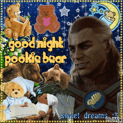 A Picture Of A Man Surrounded By Teddy Bears With The Words Good Night Pookie Bear GIF