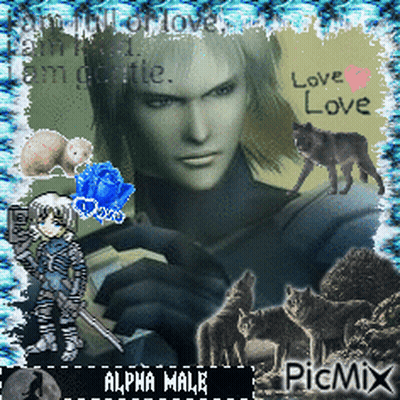 A Picture Of A Man Surrounded By Wolves With The Words Love Love On The Bottom GIF