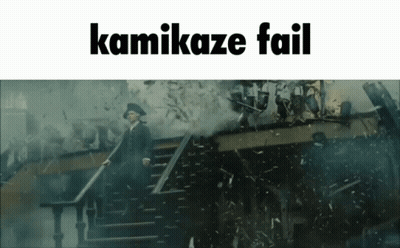 A Picture Of A Man Walking Down Stairs With The Words Kamikaze Fail Above Him GIF