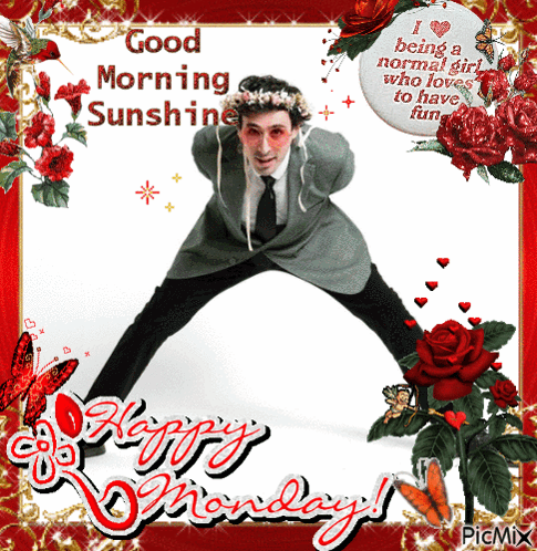 A Picture Of A Man Wearing A Flower Crown With The Words Good Morning Sunshine GIF