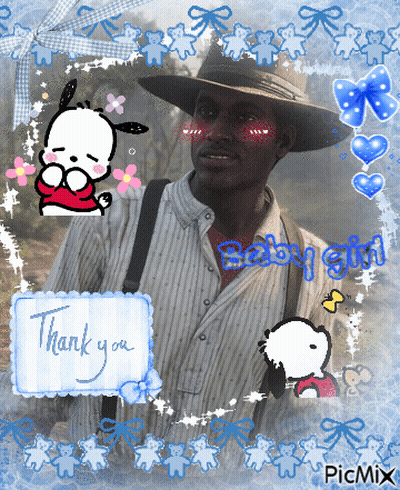 A Picture Of A Man Wearing A Hat And Suspenders With A Thank You Message GIF