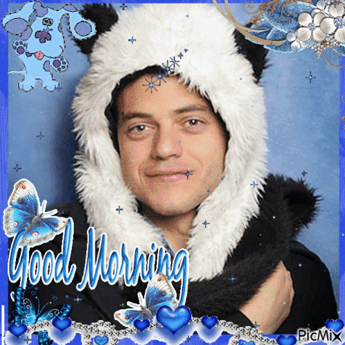 A Picture Of A Man Wearing A Panda Hat With The Words Good Morning Written On It GIF