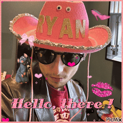 A Picture Of A Man Wearing A Pink Cowboy Hat That Says Ryan GIF