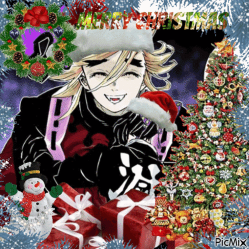 A Picture Of A Man Wearing A Santa Hat Holding A Snowman And Presents GIF