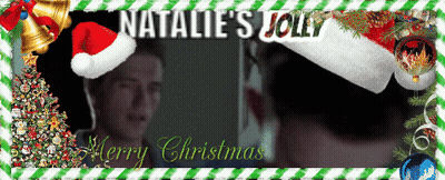 A Picture Of A Man Wearing A Santa Hat With The Words Natalie 'S Jolly Merry Christmas On It GIF