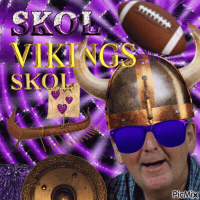 A Picture Of A Man Wearing A Viking Helmet And Sunglasses With The Words Skol Vikings In The Background GIF
