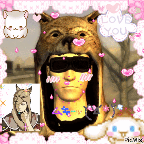 A Picture Of A Man Wearing A Wolf Hat And Sunglasses With The Words Love You In The Background GIF