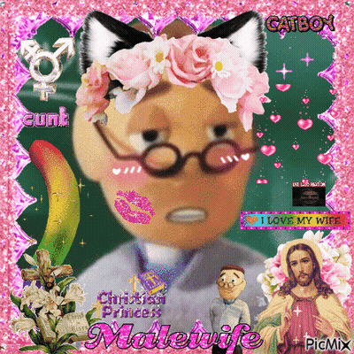 A Picture Of A Man Wearing Glasses And A Flower Crown With The Words Malewife On It GIF