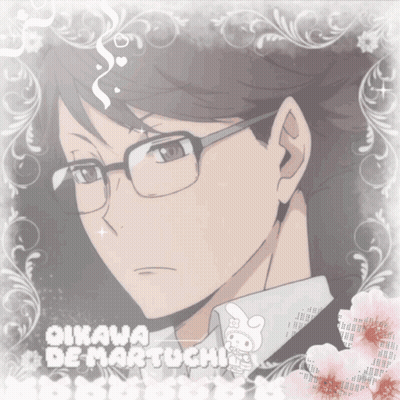 A Picture Of A Man Wearing Glasses And The Name Oikawa Demartuchi GIF
