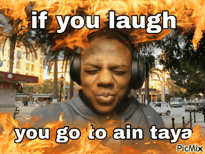 a picture of a man wearing headphones with the words if you laugh you go to ain taya on it