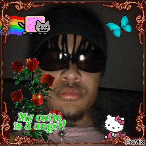 A Picture Of A Man Wearing Sunglasses And A Hello Kitty Says " My Cutie Is A Angel " GIF