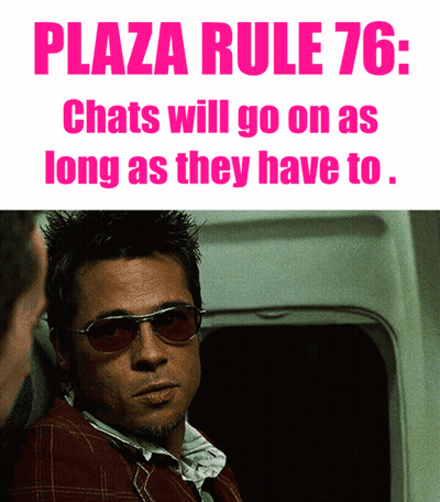 A Picture Of A Man Wearing Sunglasses Next To A Sign That Says Plaza Rule 76 GIF