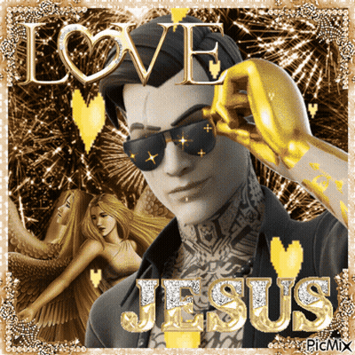 A Picture Of A Man Wearing Sunglasses With The Word Jesus On It GIF