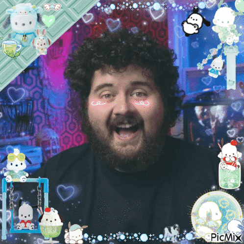 A Picture Of A Man With A Beard And Curly Hair Is Surrounded By Hearts And Animals And Has The Hashtag Picmix GIF