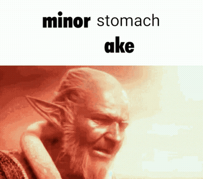 A Picture Of A Man With A Beard And Elf Ears With The Words Minor Stomach Ake Above Him GIF