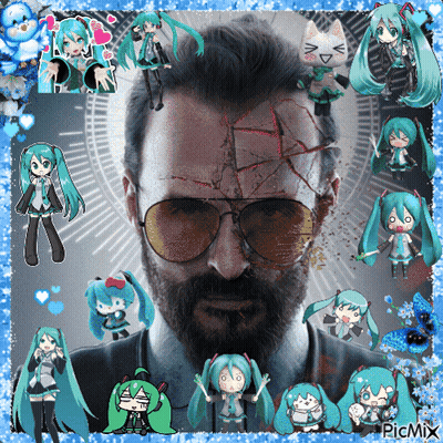 A Picture Of A Man With A Beard And Hatsune Miku On His Face GIF