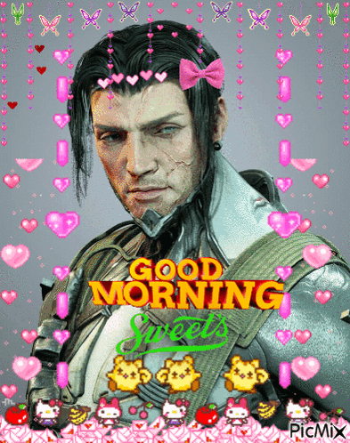 A Picture Of A Man With A Bow In His Hair And The Words Good Morning Sweets GIF