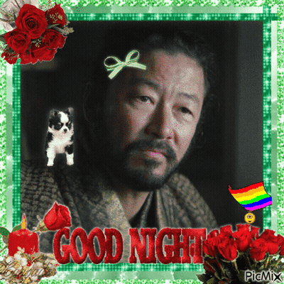 A Picture Of A Man With A Bow On His Head And The Words Good Night GIF